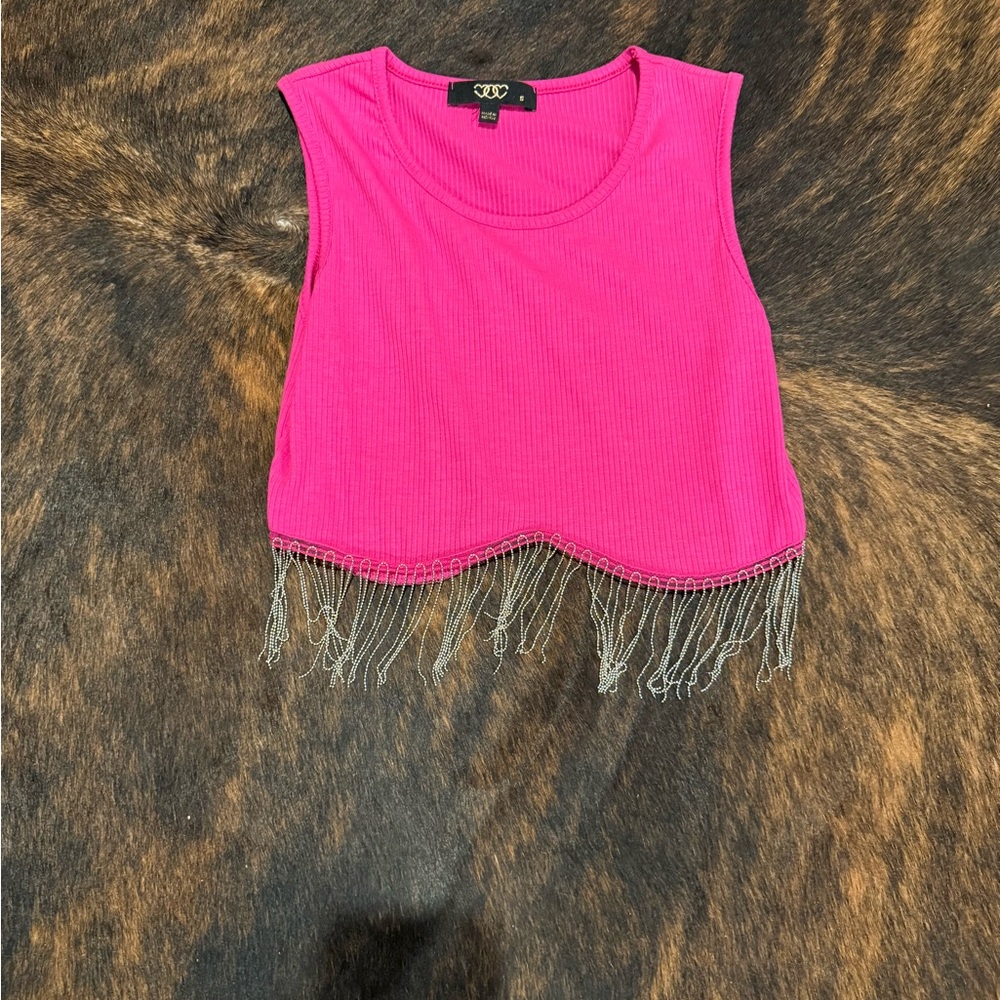 Pink Beaded Fringe Crop Top